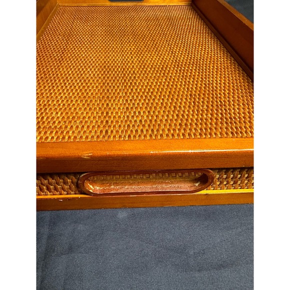 Vintage Wooden Rattan Large Serving Tea Fruit Dinner Tray 21" x 13.5” - Picture 2 of 8